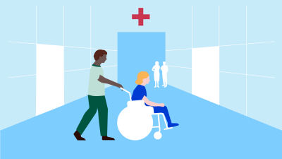 (png) Vårdare kör patient i rullstol