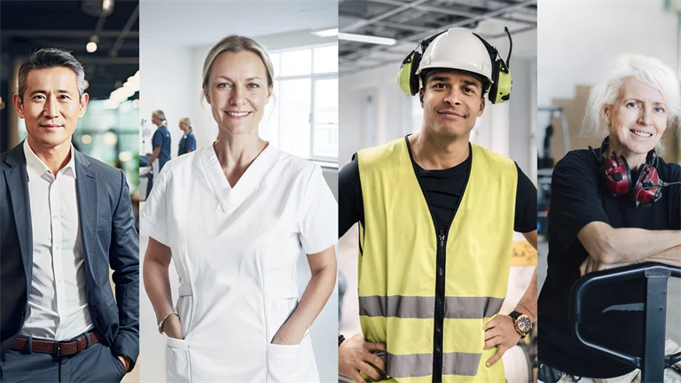 Bildcollage 1:  manlig tjänsteman, kvinnlig sjuksköterska, manlig byggjobbare och kvinnlig lagerarbetare.