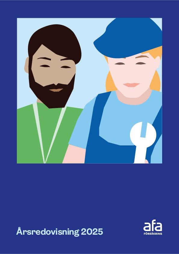 Omslag med illustration av två personer till årsredvisning Afa Försäkring 2025