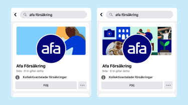 Facebookprofiler för företag med Afa Försäkrings logotyp och illustration eller kollage till bakgrundsbild.