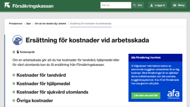 Bild på Försäkringskassans hemsida där det finns kort information i en ruta om Afa Försäkring