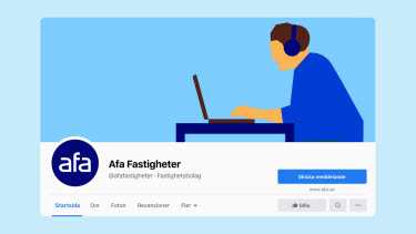 Facebookprofil med Afa Fastigheter logotyp och illustration till bakgrundsbild.