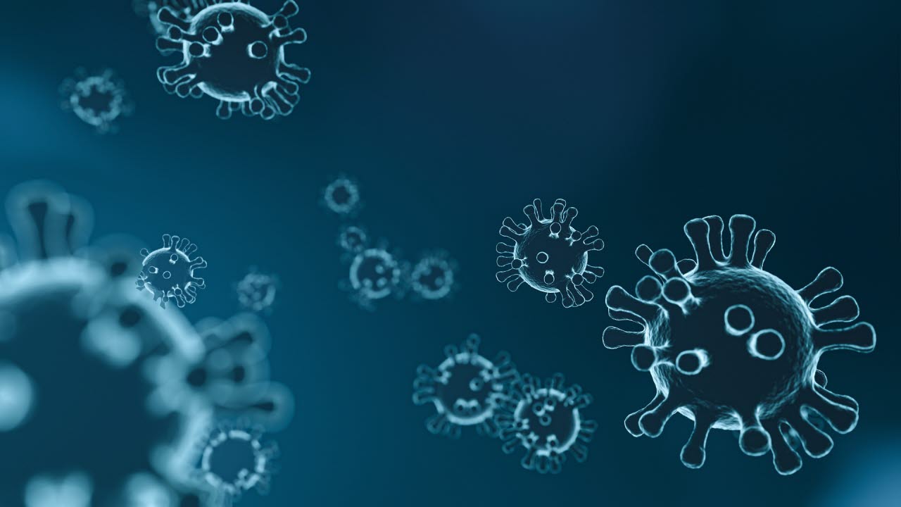 Blå bild på uppförstorat coronavirus.