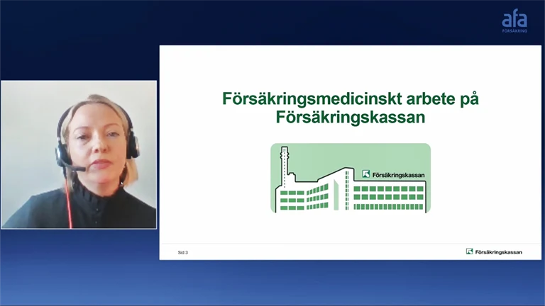Hopklippt bild med Anna Martinmäki till vänster och texten "Försäkringsmedicinskt arbete på Försäkringskassan" i grönt mot vit bakgrund till höger.