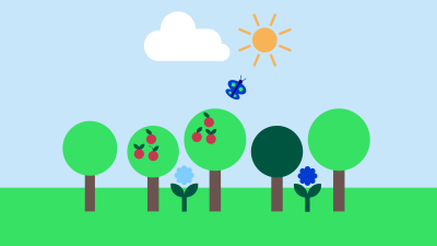 (png) Sommarbild med äppelträd, blommor och fjäril