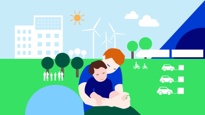 (png) Man och pojke på gräset i bostadsområde