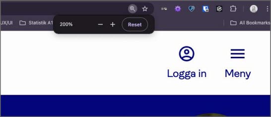 Webbläsare zoomar in sida på 200%