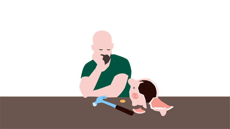 En man sitter vid ett bord men en sönderslagen spargris och en hammare framför sig. Illustration. 