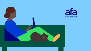 Illustration av som sitter i soffa och arbetar på dator och Afa Fastigheters logotyp.