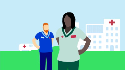 (png) Vårdpersonal framför sjukhus