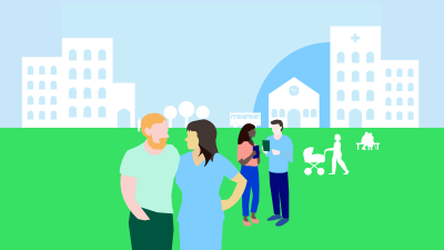 (png) Människor på gräsmattan i ett bostadsområde