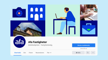 Facebookprofil med Afa Fastigheters logotyp och kollage till bakgrundsbild.