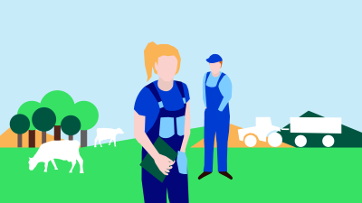 (png) Lantbrukare med traktor och kor