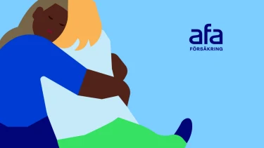 Illustration av två människor som ger varandra en kram och Afa Försäkrings logotyp.