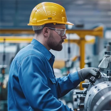 Man med hjälm arbetar med en maskin på fabrik