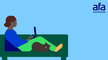 Illustration av som sitter i soffa och arbetar på dator och Afa Fastigheters logotyp.