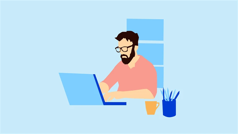 En man sitter framför en laptop. Illustration. 