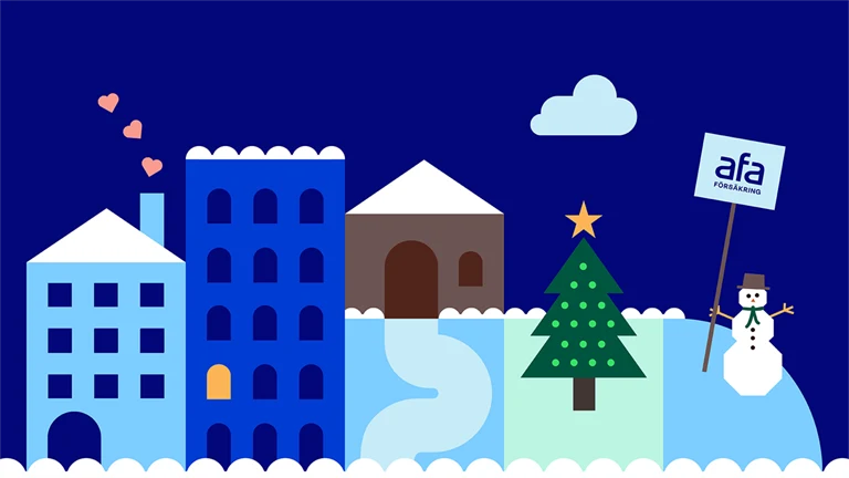 Snölandskap med höghus, julgran och snögubbe