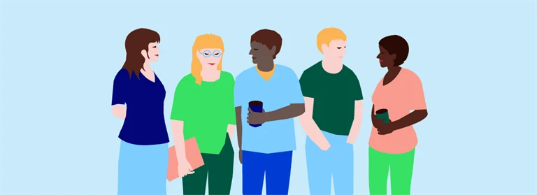 fem personer samtalar på en regional dag