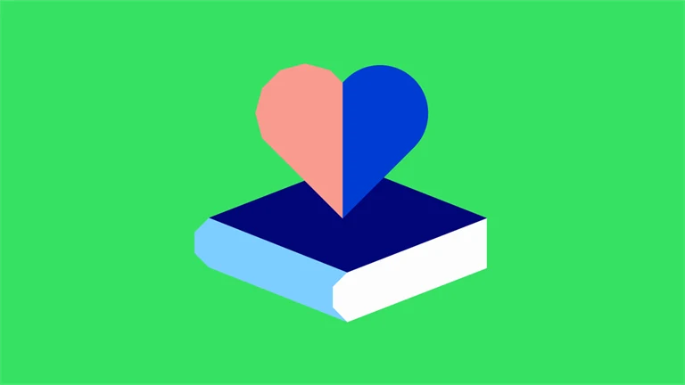 Ett rosa och blått hjärta över en bok. Illustration. 