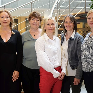 Christin Mellner, Annika Härenstam, Lisa Markström, Anna Pramborg och Malin Ljungzell, framför en spiraltrappa på Afa Försäkring.