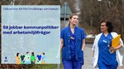 Två kvinnor inom kommunsektorn går leende på en väg med höstträd i bakgrunden