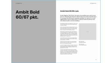 Mall med uppslag med stor text på färgad bakgrund och text med bild.