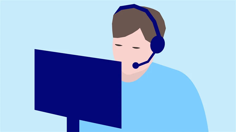 Illustration av en person med headset framför datorskärm