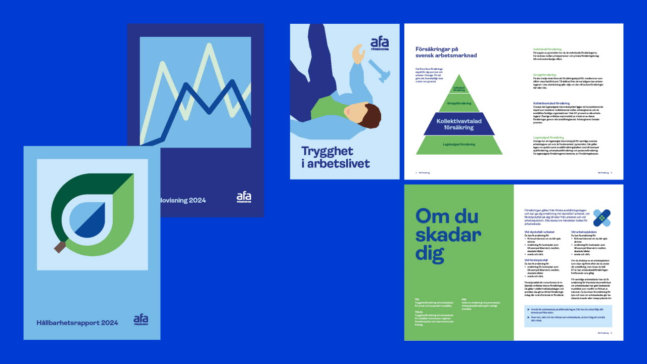 Grön folder med villkor för försäkring vid arbetsskada. På omslaget syns en illustration av två händer som lindar ett förband på en annan persons hand.