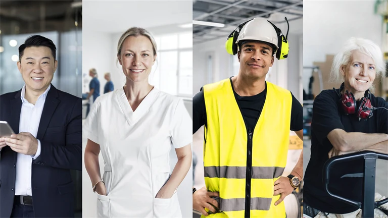 En manlig kontorsarbetare, en kvinnlig sjuksköterska, en manlig byggarbetare och en kvinnlig lagerarbetare illustrerar hållbart arbetsliv.