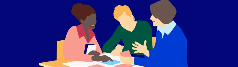 Personer som sitter runt ett bord och har ett arbetsmöte. Illustration. 