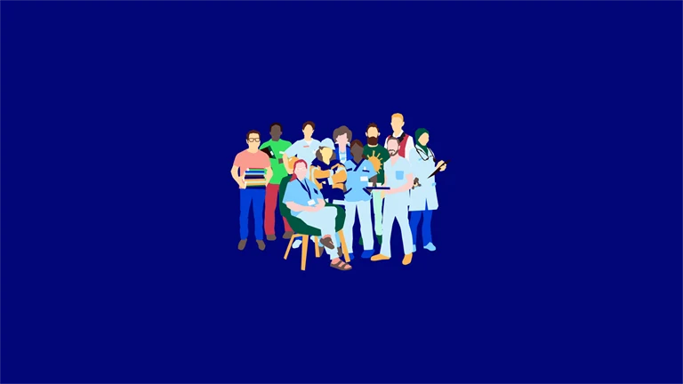 En grupp människor inom olika yrken står tillsammans. Illustration. På bilden står texten "Ingen ska missa ersättning. Berätta för dina anställda om försäkringarna de har via jobbet.".