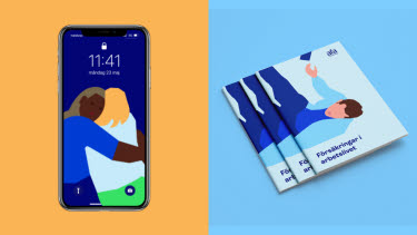 Tvådelad bild med första motiv av en mobiltelefon med två kramandes personer som bakgrund. Andra motivet är en hög med broschyrer om försäkringsvillkor