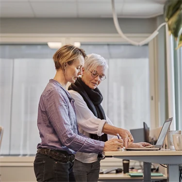 två personer sår vid ett skrivbord och jobbar med dator