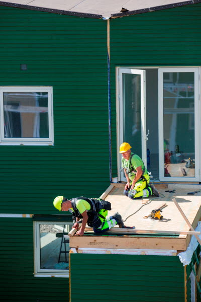 Två snickare bygger ett tak på ett utomhusförråd