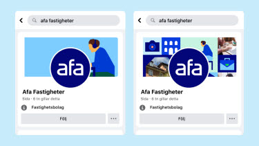 Facebookprofiler för företag med Afa Fastigheters logotyp och illustration eller kollage till bakgrundsbild.