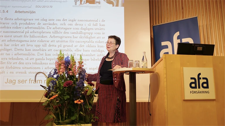 Maria Albin, professor i arbets- och miljömedicin på Karolinska Institutet, i Afa Försäkrings hörsal.