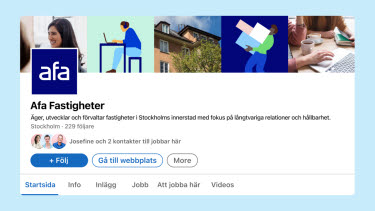 LinkedIn-profil med Afa Fastigheters logotyp och kollage till bakgrundsbild.
