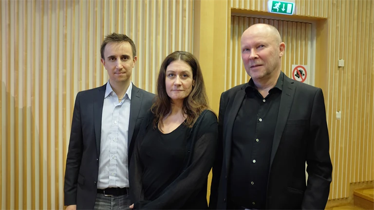 Niklas Österlund, Jenny Lindblad och Ola Leijon, Inspektionen för socialförsäkringen, i Afa Försäkrings hörsal.