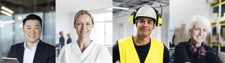 En manlig kontorsarbetare, en kvinnlig sjuksköterska, en manlig byggarbetare och en kvinnlig lagerarbetare illustrerar hållbart arbetsliv.