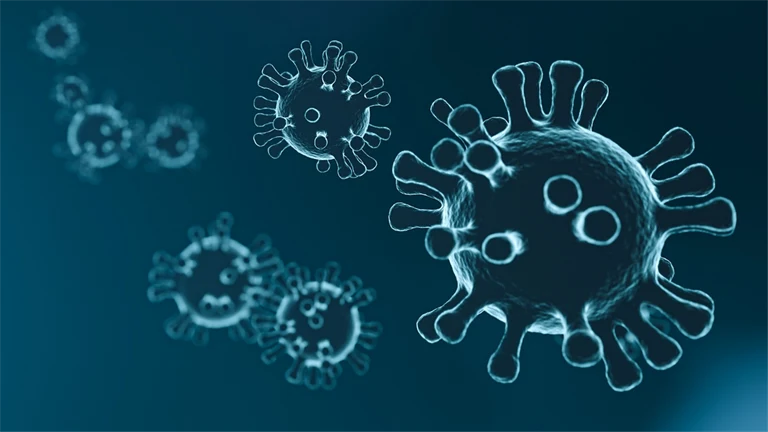 Blå bild på uppförstorat coronavirus.