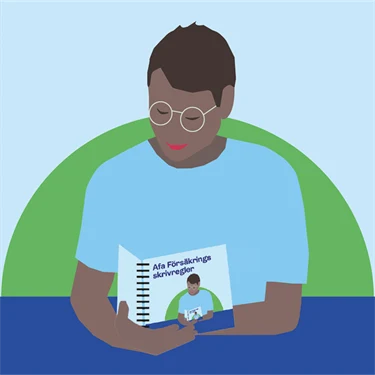 En person som läser en bok som har samma omslag som denna bild, omslaget till Afa Försäkrings skrivregler