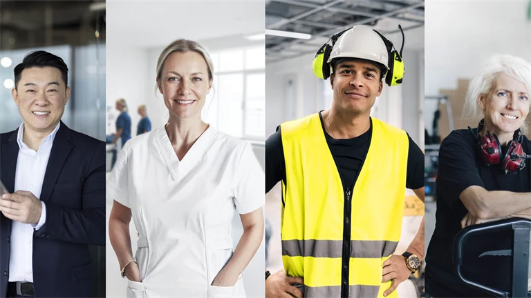 En manlig kontorsarbetare, en kvinnlig sjuksköterska, en manlig byggarbetare och en kvinnlig lagerarbetare illustrerar hållbart arbetsliv.