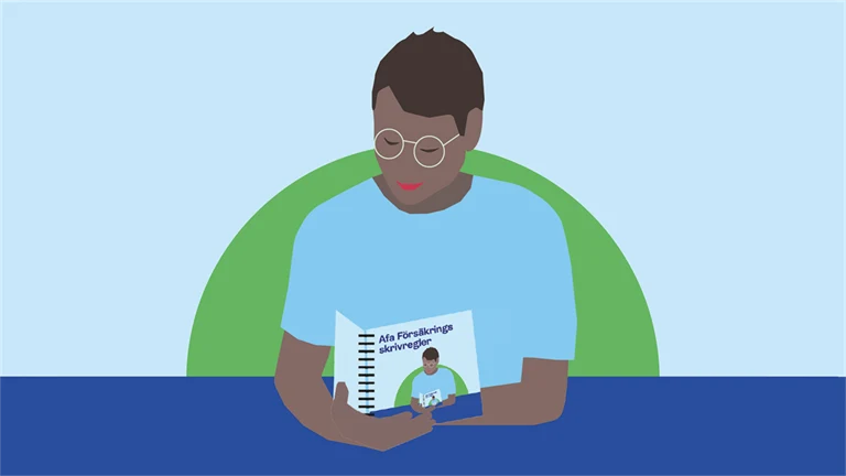En person som läser en bok som har samma omslag som denna bild, omslaget till Afa Försäkrings skrivregler