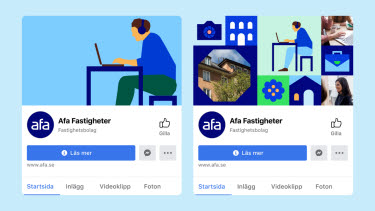 Facebookprofiler för privatperson med Afa Fastigheters logotyp och illustration eller kollage till bakgrundsbild.