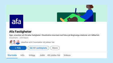 LinkedIn-profil med Afa Fastigheters logotyp och illustration till bakgrundsbild.