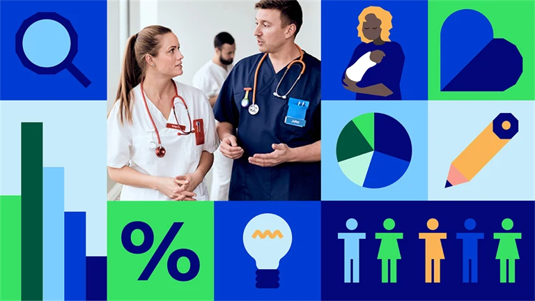 Statistikbild som ett kollage med olika grafik varvat med en bild på sjukhuspersonal.