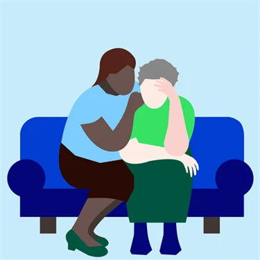 Tecknad illustration på två personer i en soffa, där den ena håller om och tröstar den andra.