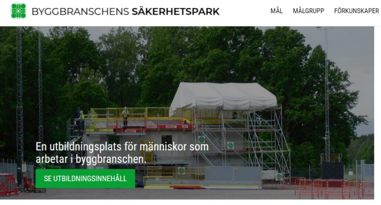 Visar startsidan för Byggbranschens Säkerhetsparks webbplats sakerhetspark.se