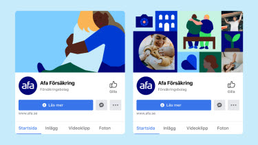 Facebookprofiler för privatperson med Afa Försäkrings logotyp och illustration eller kollage till bakgrundsbild.
